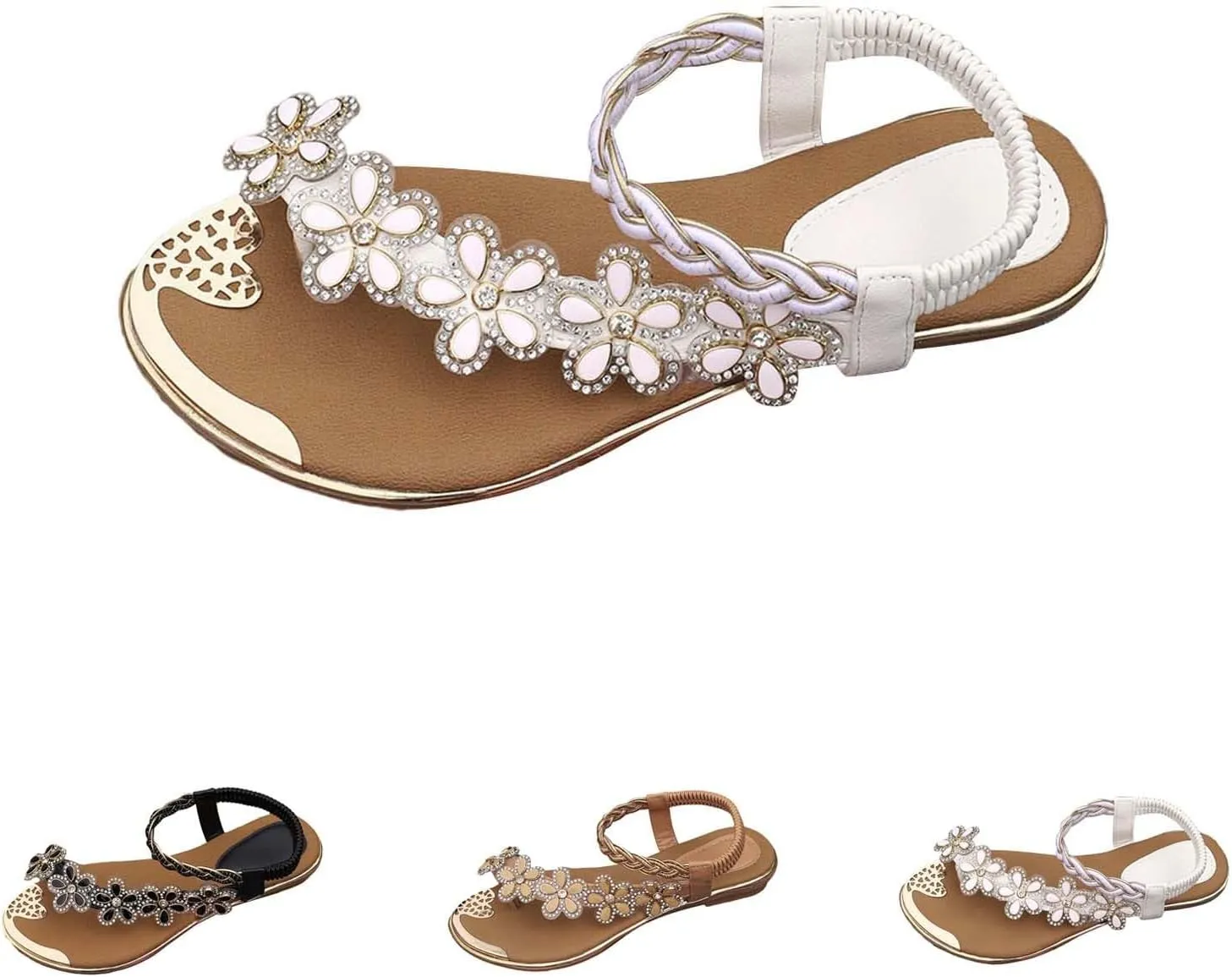 Womens Bohemian Sandals Flowers Rhinestone Slip On Beach Slides Summer Comfortable Non Slip Dress Shoes Wide Width Flat Sandals