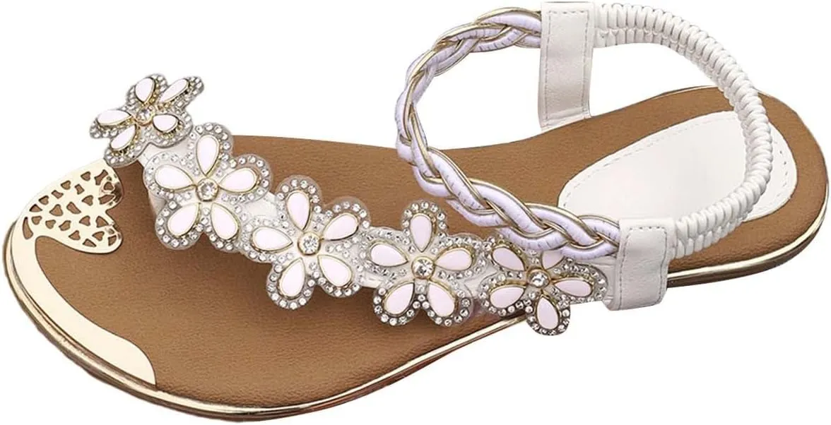 Womens Bohemian Sandals Flowers Rhinestone Slip On Beach Slides Summer Comfortable Non Slip Dress Shoes Wide Width Flat Sandals