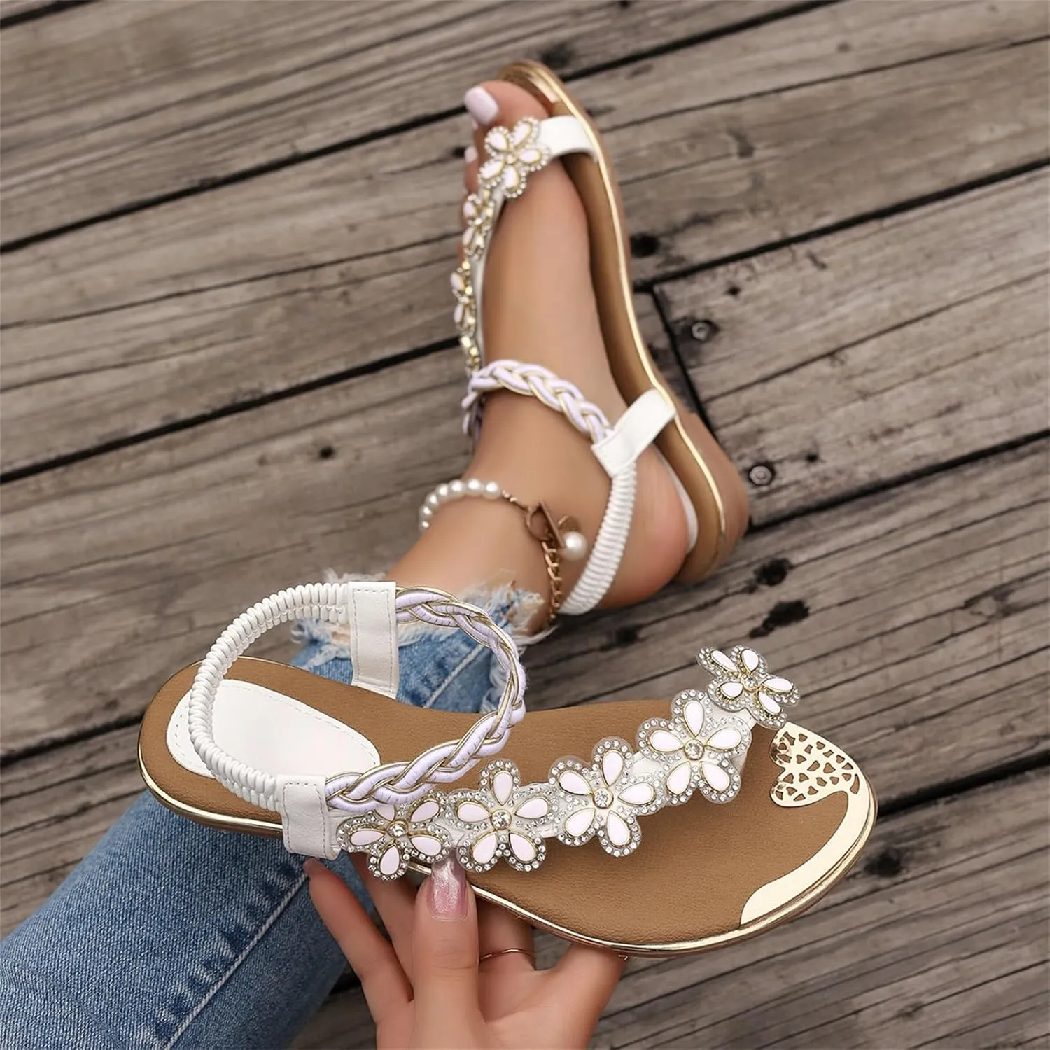 Womens Bohemian Sandals Flowers Rhinestone Slip On Beach Slides Summer Comfortable Non Slip Dress Shoes Wide Width Flat Sandals