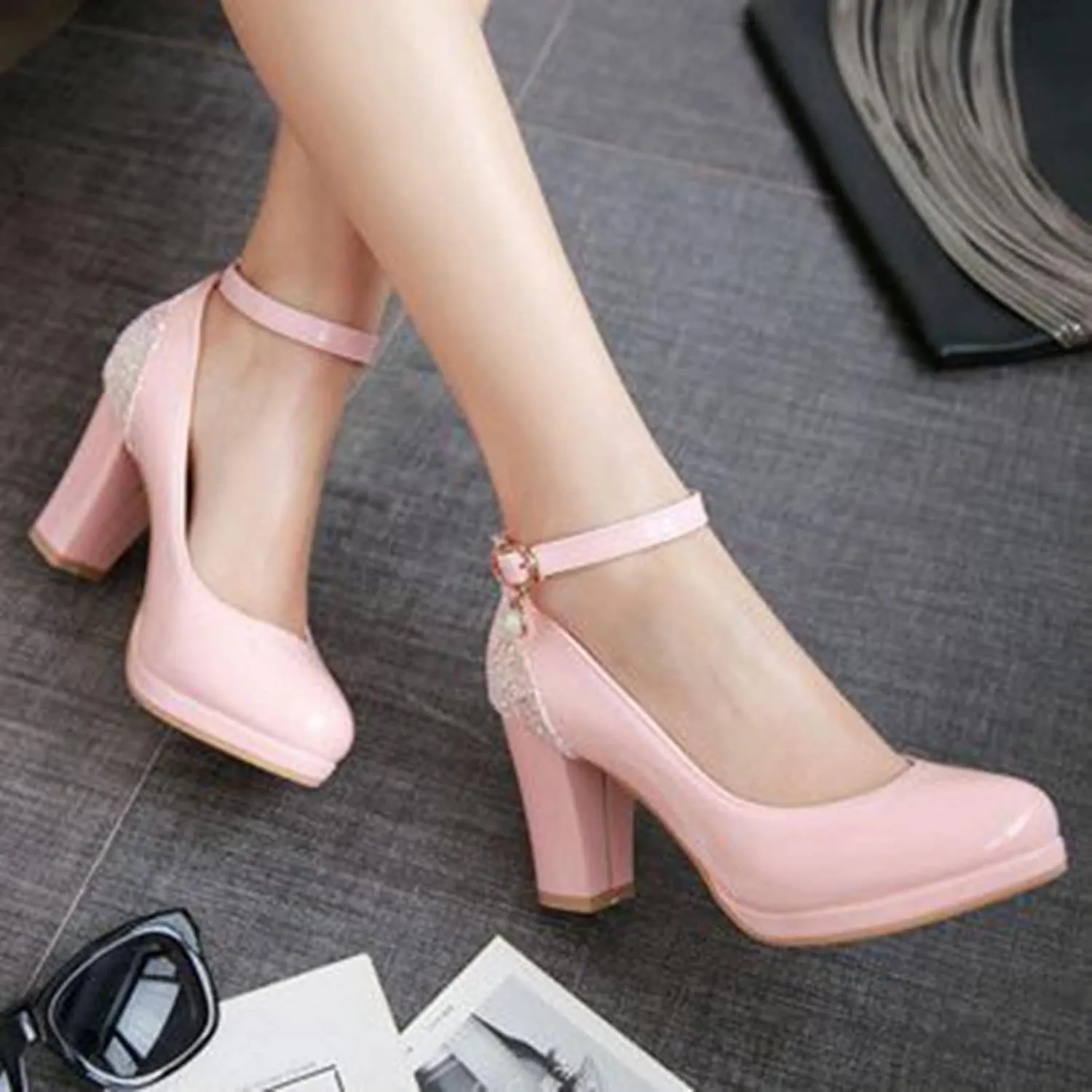 Women's Fashion Ankle Strap Pumps Glitter Sequins Patchwork Chunky High Heel Round Toe Dress Shoes
