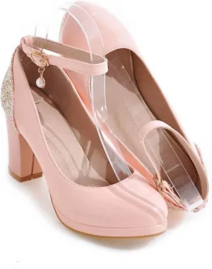 Women's Fashion Ankle Strap Pumps Glitter Sequins Patchwork Chunky High Heel Round Toe Dress Shoes