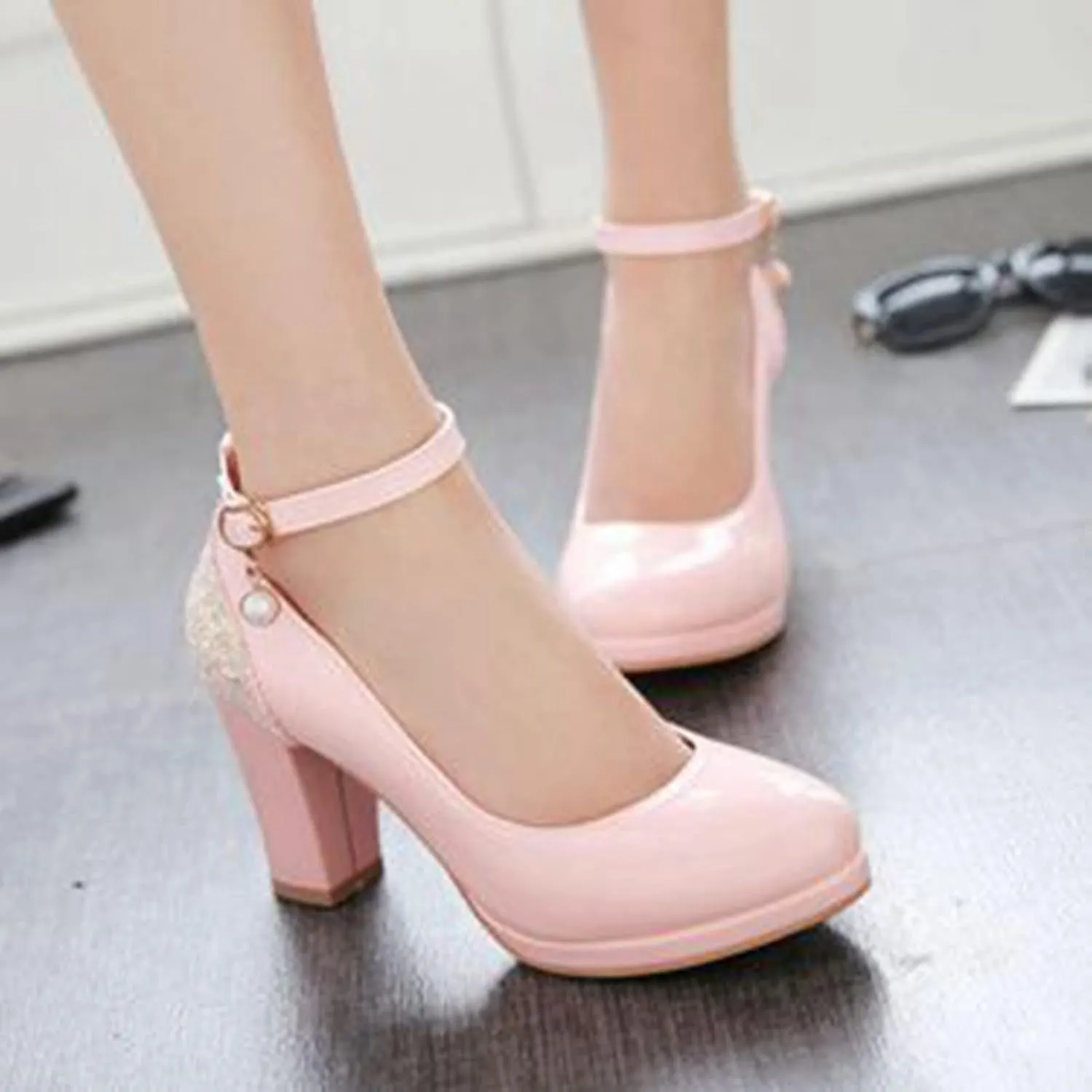 Women's Fashion Ankle Strap Pumps Glitter Sequins Patchwork Chunky High Heel Round Toe Dress Shoes