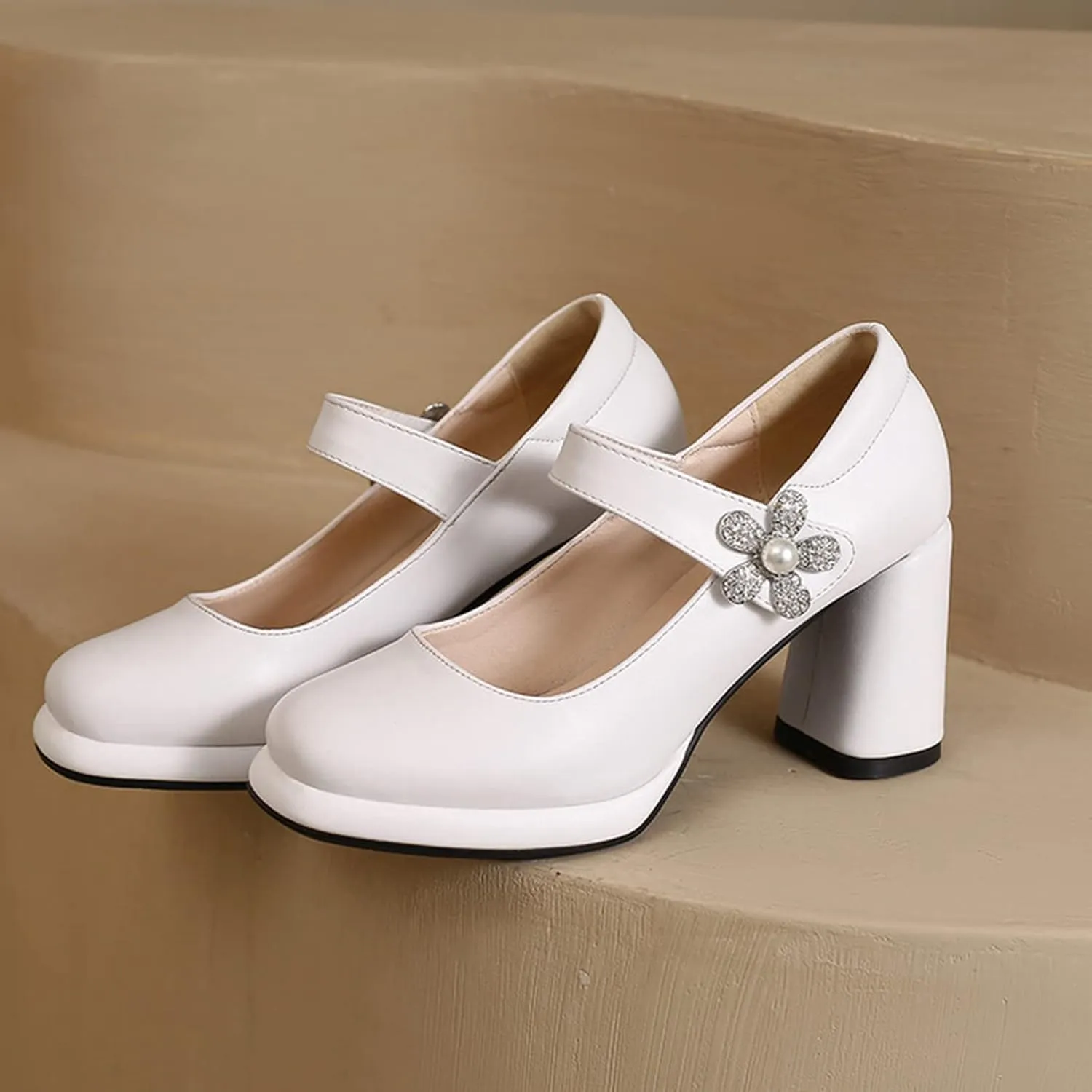 Women's Fashion Square Toe Mary Jane Pumps Platform Rhinestone Flower Hook Loop Chunky High Heel Shoes