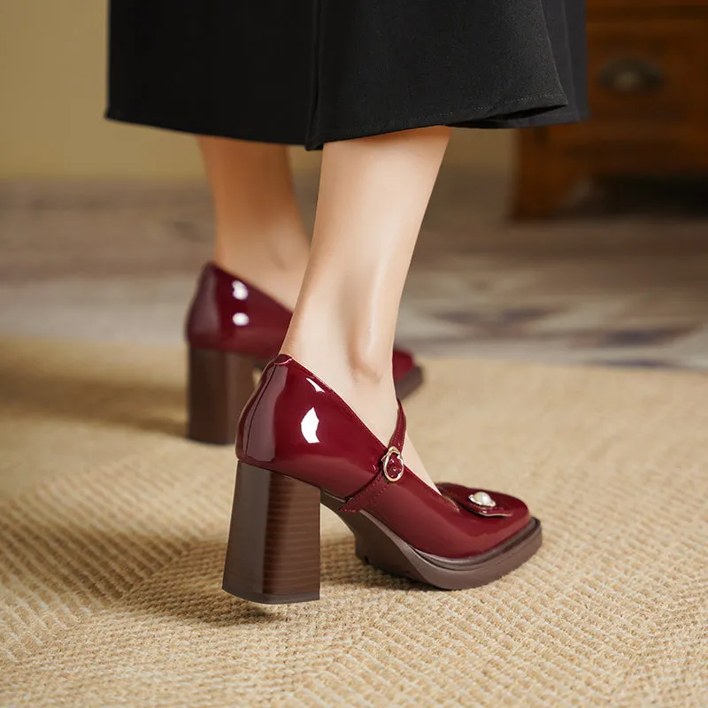 Women's Patent Leather Mary Jane Heels Pumps Shoes with Buckle Straps