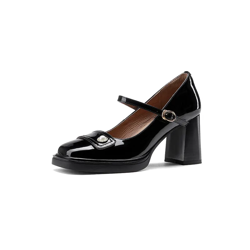 Women's Patent Leather Mary Jane Heels Pumps Shoes with Buckle Straps