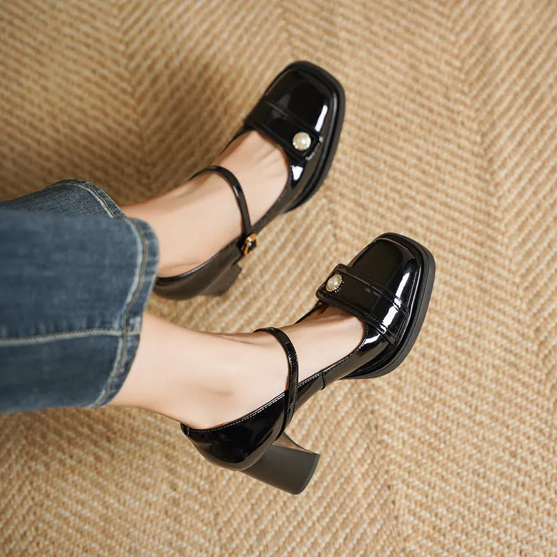 Women's Patent Leather Mary Jane Heels Pumps Shoes with Buckle Straps