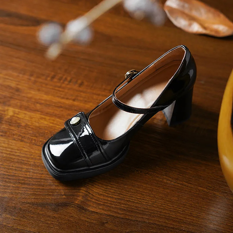 Women's Patent Leather Mary Jane Heels Pumps Shoes with Buckle Straps