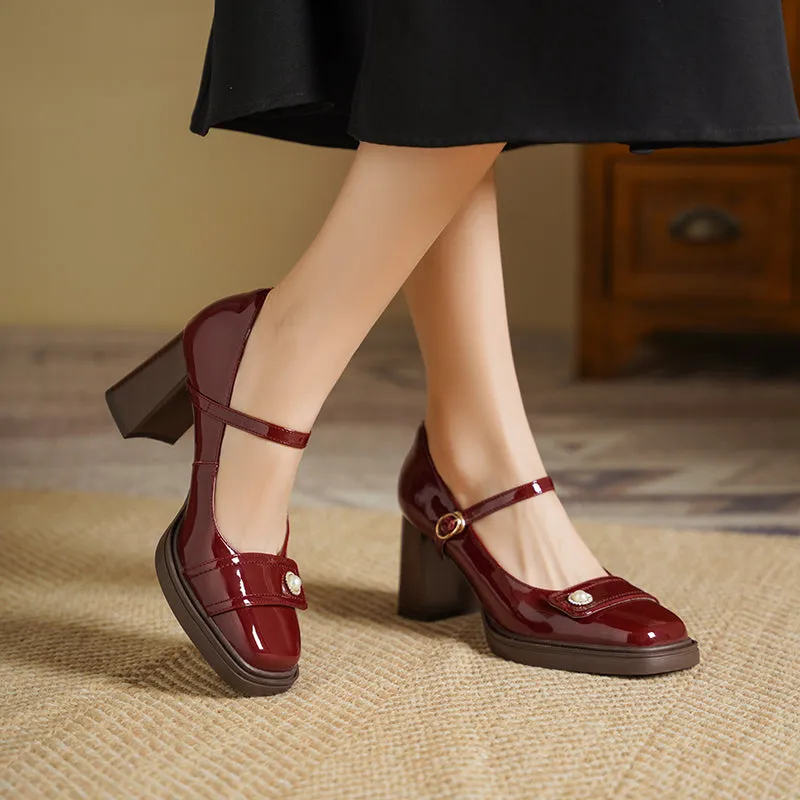 Women's Patent Leather Mary Jane Heels Pumps Shoes with Buckle Straps