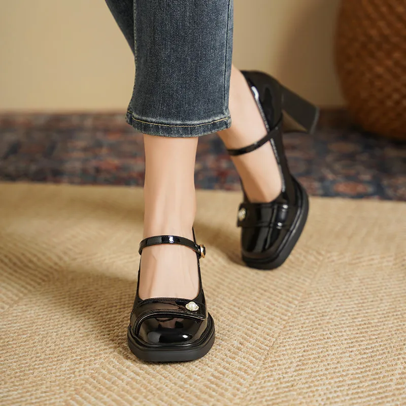 Women's Patent Leather Mary Jane Heels Pumps Shoes with Buckle Straps
