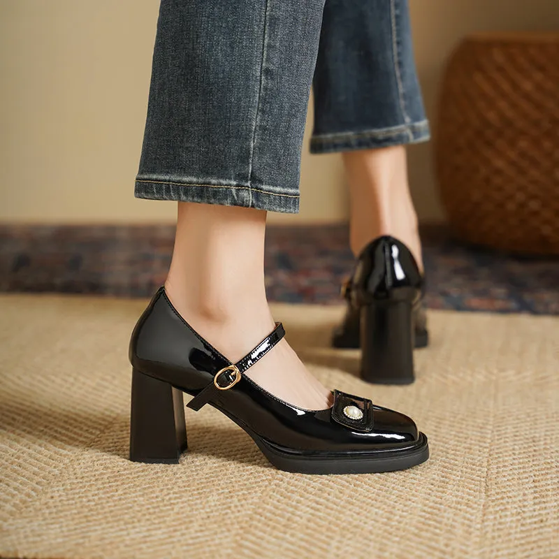 Women's Patent Leather Mary Jane Heels Pumps Shoes with Buckle Straps