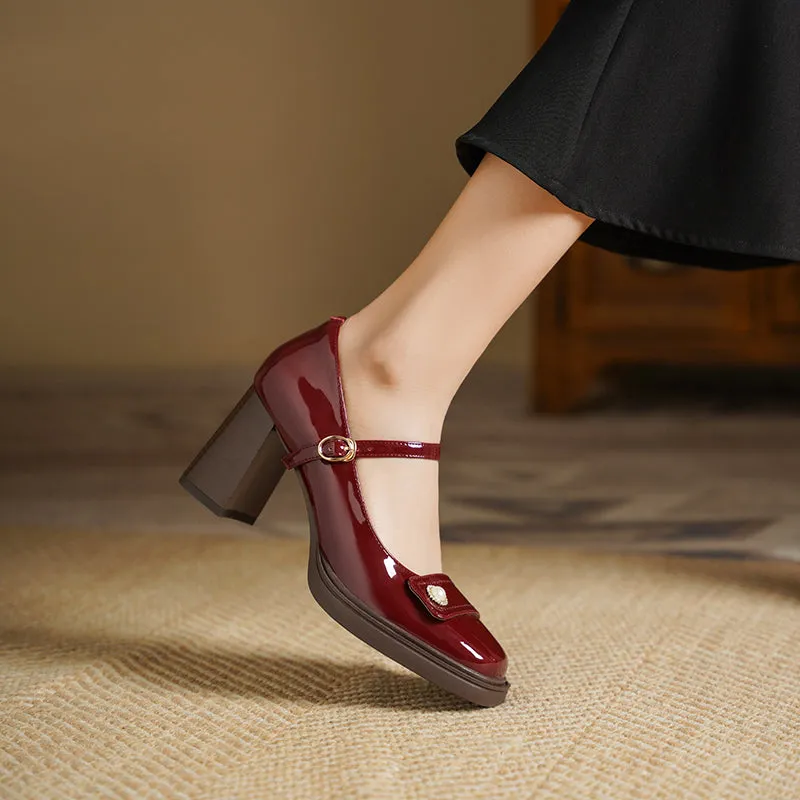 Women's Patent Leather Mary Jane Heels Pumps Shoes with Buckle Straps
