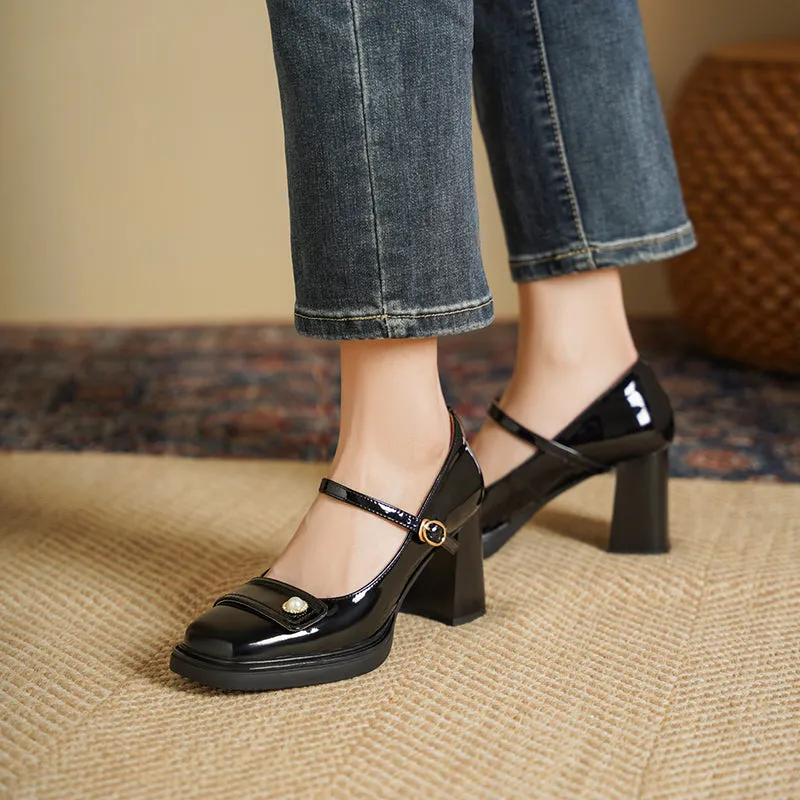 Women's Patent Leather Mary Jane Heels Pumps Shoes with Buckle Straps