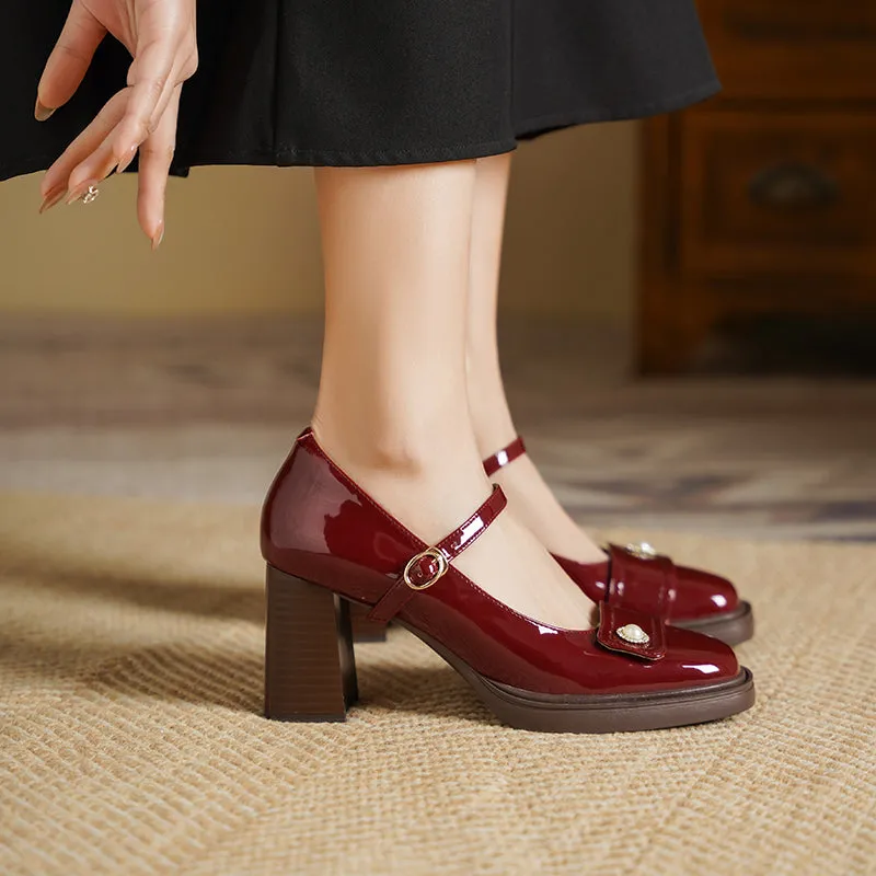 Women's Patent Leather Mary Jane Heels Pumps Shoes with Buckle Straps