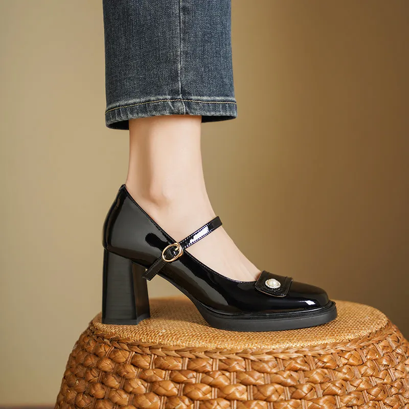 Women's Patent Leather Mary Jane Heels Pumps Shoes with Buckle Straps